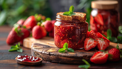 Strawberry jam in glass jars on a wooden table. Pieces of loaf and fresh, fragrant strawberries
