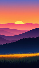 Vibrant sunset over layered mountain landscape with golden field