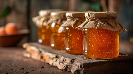 apricot jam in glass jars on wooden table