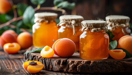 apricot jam in glass jars on wooden table