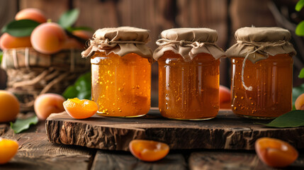 apricot jam in glass jars on wooden table