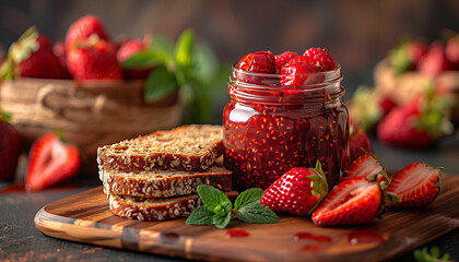 Strawberry jam in glass jars on a wooden table. Pieces of loaf and fresh, fragrant strawberries