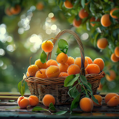 Fresh apricots in a basket on wooden table