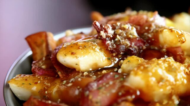 Delicious poutine dish close up, featuring crispy french fries, fresh cheese curds, savory gravy, and bacon pieces in a bowl.