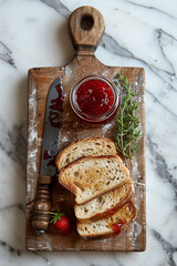 Toasted slices of bread, thin, crispy with strawberry jam, strawberry jam in glass jar next to an old knife. On wooden old board.