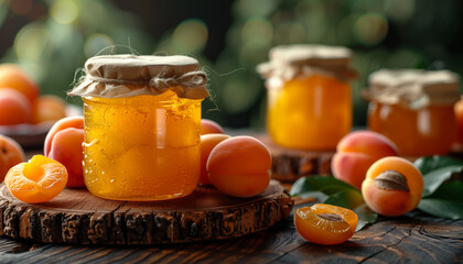 apricot jam in glass jars on wooden table
