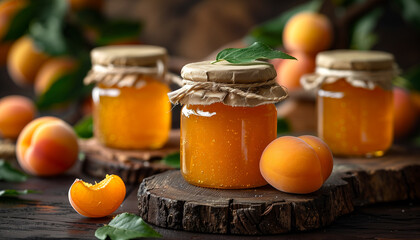 apricot jam in glass jars on wooden table