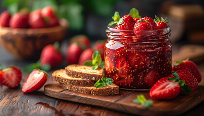 Strawberry jam in glass jars on a wooden table. Pieces of loaf and fresh, fragrant strawberries