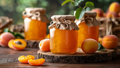 apricot jam in glass jars on wooden table