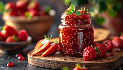 Strawberry jam in glass jars on a wooden table. Pieces of loaf and fresh, fragrant strawberries