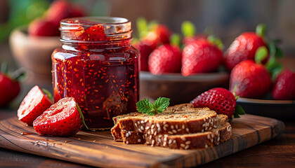 Strawberry jam in glass jars on a wooden table. Pieces of loaf and fresh, fragrant strawberries