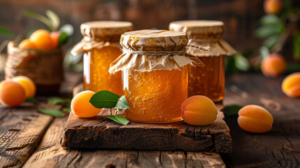 apricot jam in glass jars on wooden table