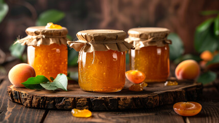 apricot jam in glass jars on wooden table
