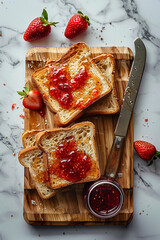 Toasted slices of bread, thin, crispy with strawberry jam, strawberry jam in glass jar next to an old knife. On wooden old board.