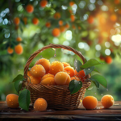 Fresh apricots in a basket on wooden table