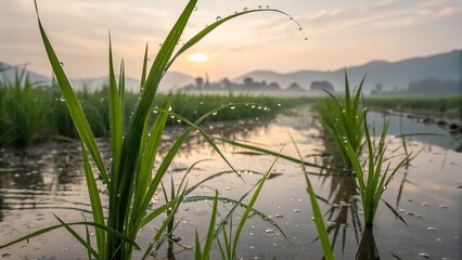 Obraz premium Sunrise Rice Paddy: Dew-kissed rice plants stand tall in a tranquil paddy field at sunrise, reflecting the soft golden light.