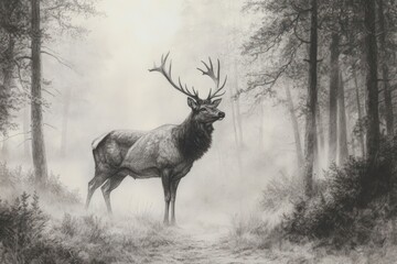 Fototapeta premium Majestic elk in a misty forest. Detailed monochrome illustration of a stag standing on a forest path, surrounded by trees, in a light-filled haze