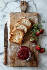 Toasted slices of bread, thin, crispy with strawberry jam, strawberry jam in glass jar next to an old knife. On wooden old board.