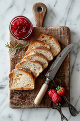 Toasted slices of bread, thin, crispy with strawberry jam, strawberry jam in glass jar next to an old knife. On wooden old board.