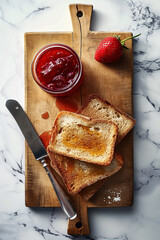 Toasted slices of bread, thin, crispy with strawberry jam, strawberry jam in glass jar next to an old knife. On wooden old board.