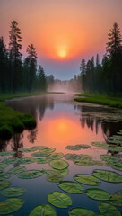 Lily pads floating on a tranquil lake at sunset with trees around