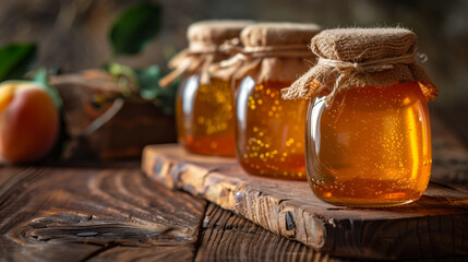 apricot jam in glass jars on wooden table