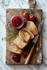 Toasted slices of bread, thin, crispy with strawberry jam, strawberry jam in glass jar next to an old knife. On wooden old board.