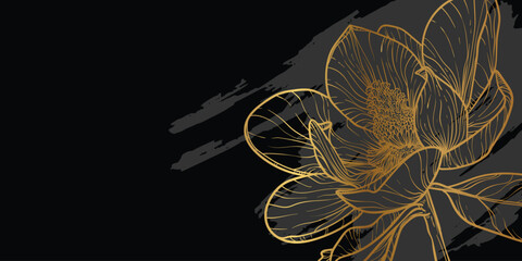 Abstract floral background with gold line art of a magnolia flower. Hand drawn banner with floral frame, border. Vector illustration for card design, banner, invitation, advertising and packaging © Muza