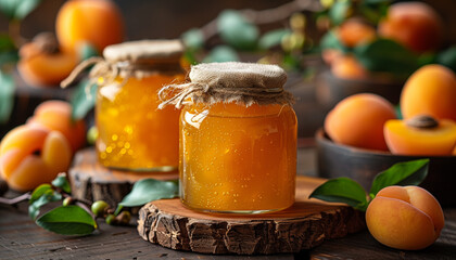 apricot jam in glass jars on wooden table