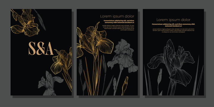 Luxurious three high resolution vector iris flower wedding templates in detailed golden and black line art. Perfect for botanical prints, wall decor, stationery, spring inspired digital designs.