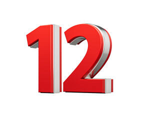 Bold Vibrant Red Number Twelve Number 12 With Metallic On White Background 3D Illustration