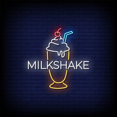 milkshake neon sign with brick wall background vector