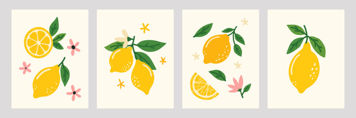 Set of colorful posters with hand drawn lemons, leaves and flowers. Dolce vita aesthetics. Ideal for designing postcards, banners, posters, menus, social media