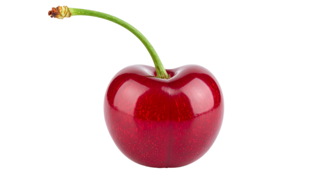 Ripe red cherry with green stem, sitting against transparent background, highlighting natural fruit details and culinary potential