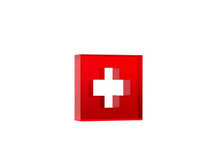 Obraz premium 3D Red first aid icon with a white cross, symbolizing medical help and healthcare. 3d illustration