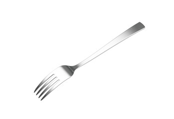 A sleek stainless steel fork with a reflective finish and a slightly curved handle. 3D Illustration