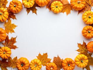 Mini pumpkins and fall leaves isolated on white background