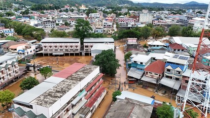 
Pictures of severe flooding in Mae Sai District, Chiang Rai Province, with assistance from officers, Mae Sai District Engineers, Mae Sai Police, Mae Sai Subdistrict Municipality, Thailand, Asia