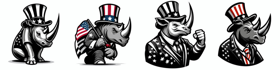 Rhino. 4th of July Independence Day American Flag Patriotism Usa America Clipart Vector Illustration. Colossal pachyderm explore robust conservation protection wild behemoth.