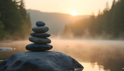 Balanced Zen Stones by Peaceful River at Sunrise, Meditation and Nature Concept