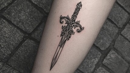 Ornate dagger tattoo on caucasian adult skin against cobblestone background