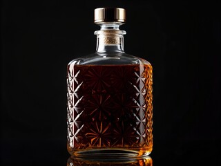 Close up of an amber glass bottle containing a brown liquid against a black background