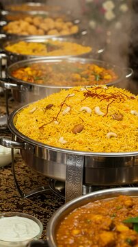 Vertical video closeup of delicious Biryani rice with saffron & cashews at an Indian food buffet. For culinary stories, ethnic food vlogs & festive meal shorts.
