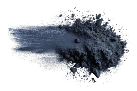 Dark grey powder, streaked with a bluish liquid, scattered on a black background