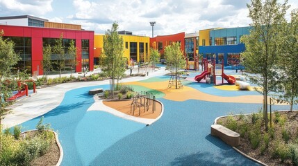Colorful playground area surrounding vibrant school buildings.