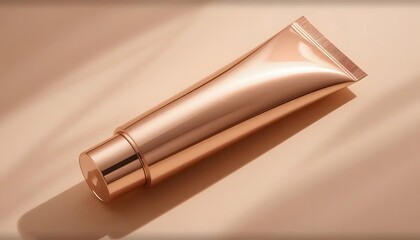 Close-up of a metallic rose gold cosmetic tube with glossy cap, isolated on a beige background with subtle shadows