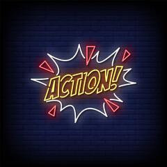 action neon sign with brick wall background vector