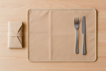 Minimalist Table Setting with Fork, Knife, and Wrapped Napkin on Placemat