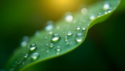 Close-up of fresh water droplets on green leaf surface