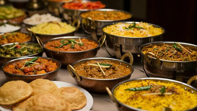 Traditional Indian Pakistani food buffet featuring diverse curries, rice & breads in metal bowls. Perfect for cultural dining, festive feasts & ethnic cuisine events.
